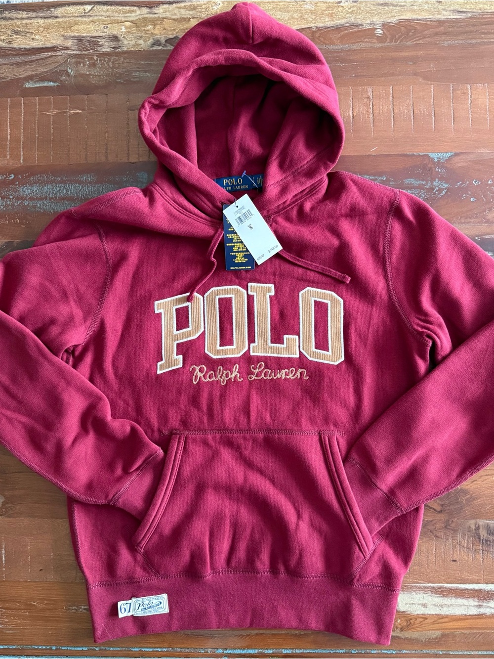 POLO Ralph Lauren Men's Burgundy Pullover Hoodie with Tan Lettering  NWTS!   S